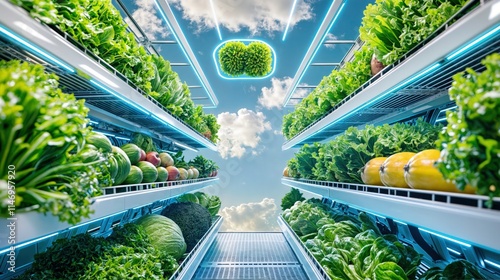 Obraz na płótnie High-tech indoor farm with fresh vegetables and fruits grown under bright futuristic lighting
w salonie