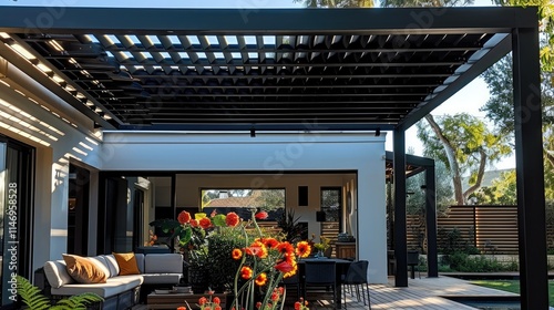 Louvered roof black aluminium pergola with house view from under.