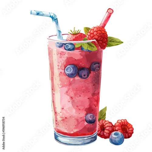 A watercolor vector of a cool smoothie with berries and a straw, isolated on a white background. Cool smoothie berries straw vector.
