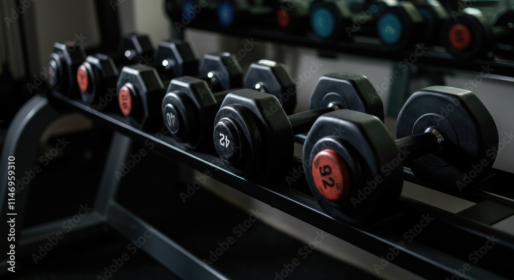 Dumbbells neatly arranged on rack in dimly-lit gym Dumbbells neatly arranged on rack in dimly-lit gym