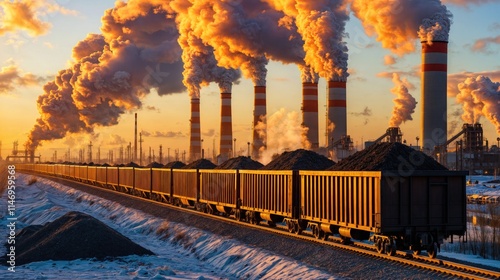 Industrial landscape with smoking chimneys and coal train at sunset
