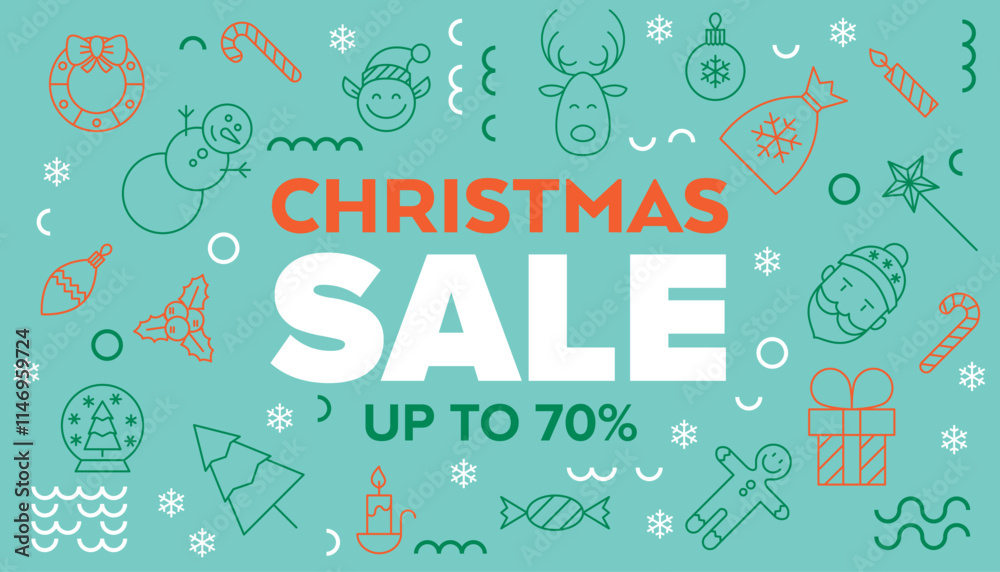 Naklejka premium Blue Christmas Sale Line Banner. Vector Illustration of Outline and Contour Style. Merry Xmas. Seasonal Greetings. Discount Up to 70 percent Promotion.