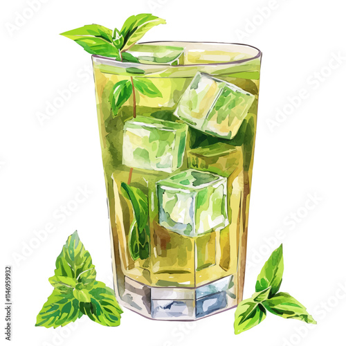 A watercolor vector of a cool summer drink with ice cubes and mint, isolated on a white background. Cool summer drink vector.
