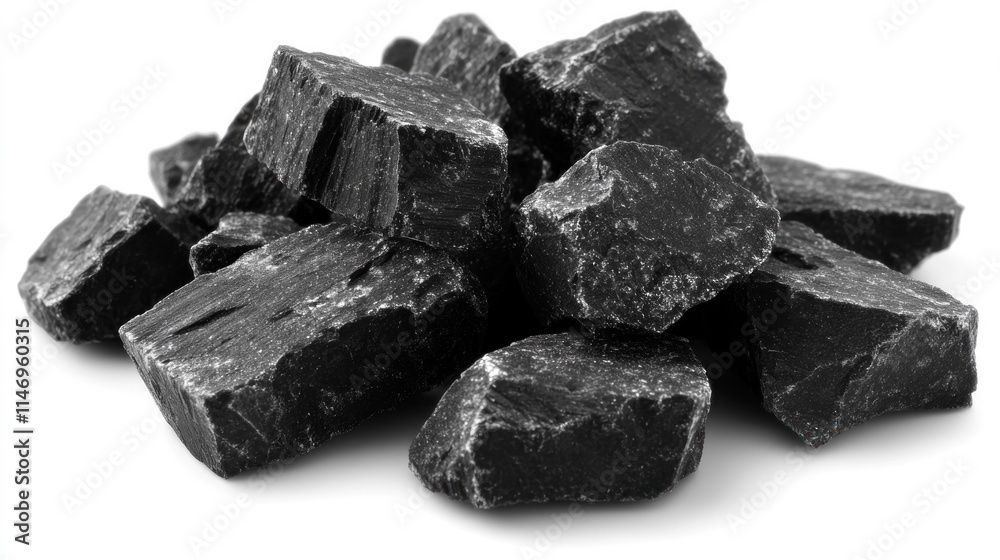 Fototapeta premium Pile of dark grey, rough-hewn stones on white background.