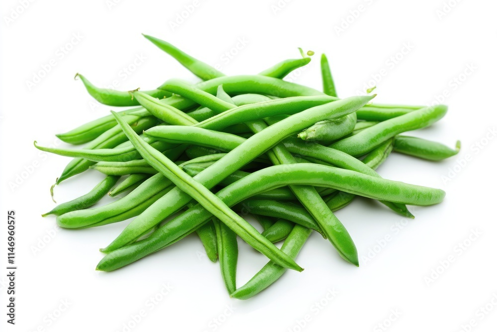 A pile of freshly picked green beans neatly arranged on a white background A pile of freshly picked green beans neatly arranged on a white background