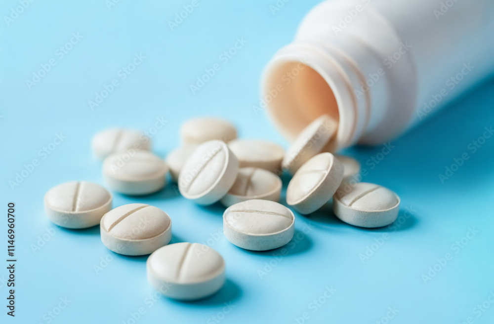Tablets spilled from a white bottle on a blue background in a serene setting Tablets spilled from a white bottle on a blue background in a serene setting