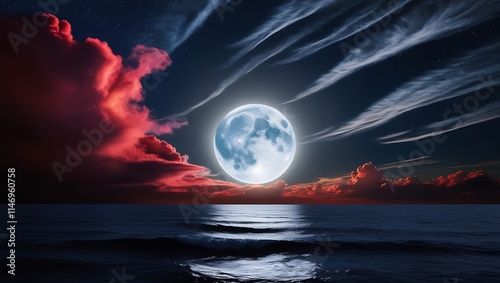 Capture the essence of tranquility and drama with this breathtaking nightscape featuring a luminous full moon illuminating the serene sea. The moon’s radiant glow reflects beautifully off the water.