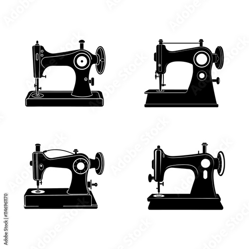 set of sewing machine silhouette, black and white silhouette, vector and illustration