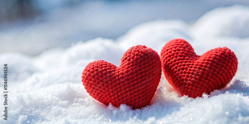 Fototapeta premium Red knitted hearts lie on a blanket of snow, showcasing a contrast in colors. The serene winter backdrop adds a cozy and romantic feel to the setting