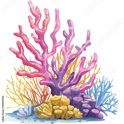 A watercolor vector of a coral reef glowing in shallow sunlight, isolated on a white background. Coral reef vector.
