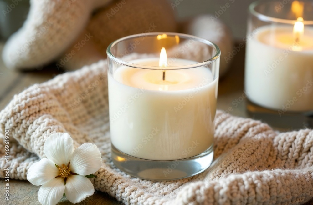 Mockup of a lit candle surrounded by knitted sweater, warm cozy atmosphere. Candle in glass, copy space, total white Mockup of a lit candle surrounded by knitted sweater, warm cozy atmosphere. Candle in glass, copy space, total white