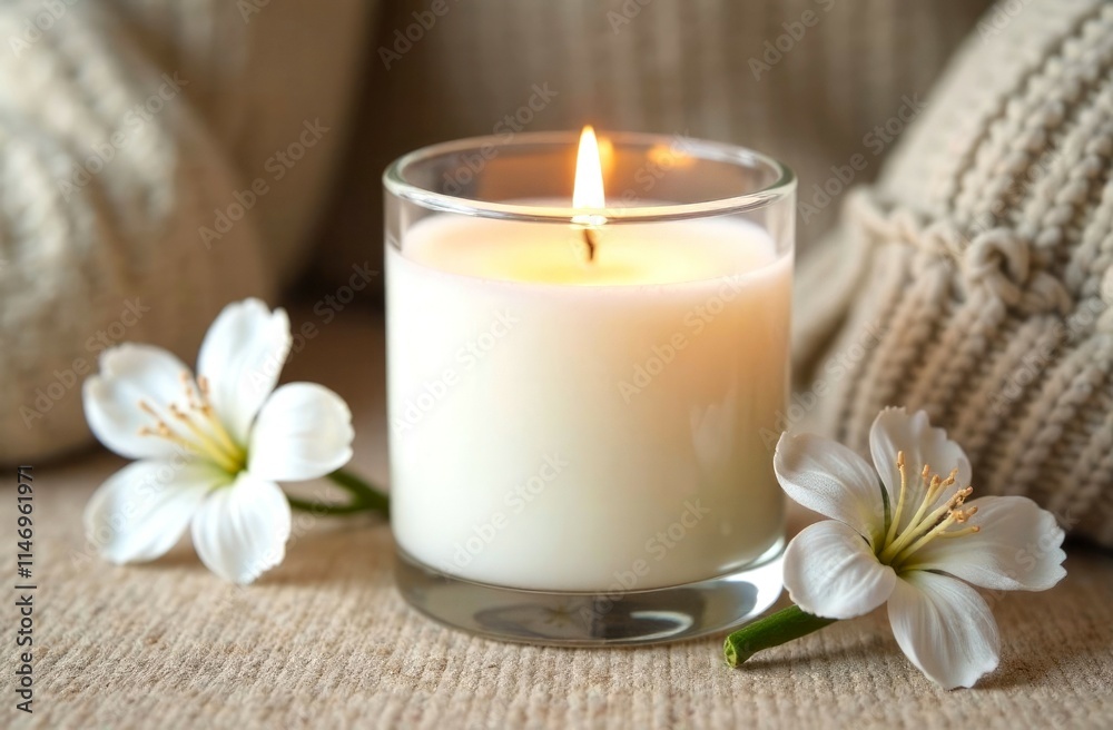 Mockup of a lit candle surrounded by knitted sweater, warm cozy atmosphere. Candle in glass, copy space, total white Mockup of a lit candle surrounded by knitted sweater, warm cozy atmosphere. Candle in glass, copy space, total white