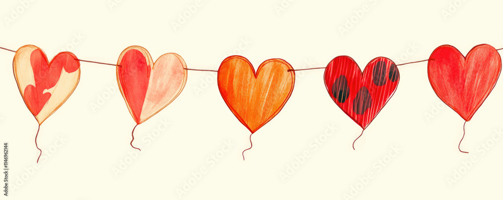 Fototapeta premium Garland of hearts. Symbol of love and Valentine's Day. Illustration, garland of hearts on a rope, on a light background with copy space