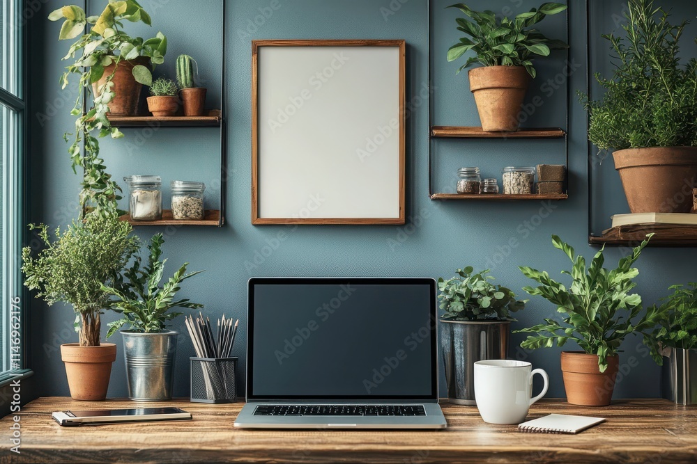 Modern Workspace with Plants and Laptop