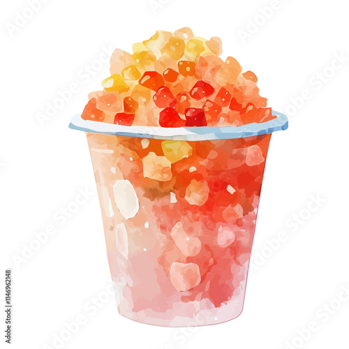 A watercolor vector of a cup of shaved ice topped with syrup, isolated on a white background. Shaved ice syrup vector.
