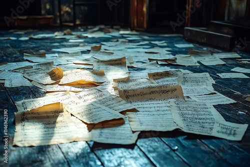 Scattered sheet music on a vintage wooden floor.