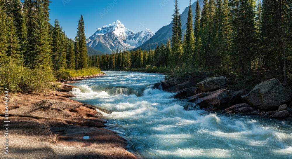 Flowing river with mountain backdrop and forested banks Flowing river with mountain backdrop and forested banks