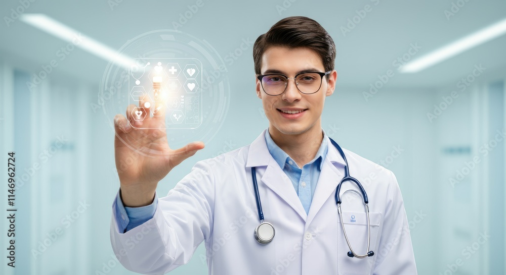 Young male doctor engaging with futuristic virtual interface in modern medical setting Young male doctor engaging with futuristic virtual interface in modern medical setting
