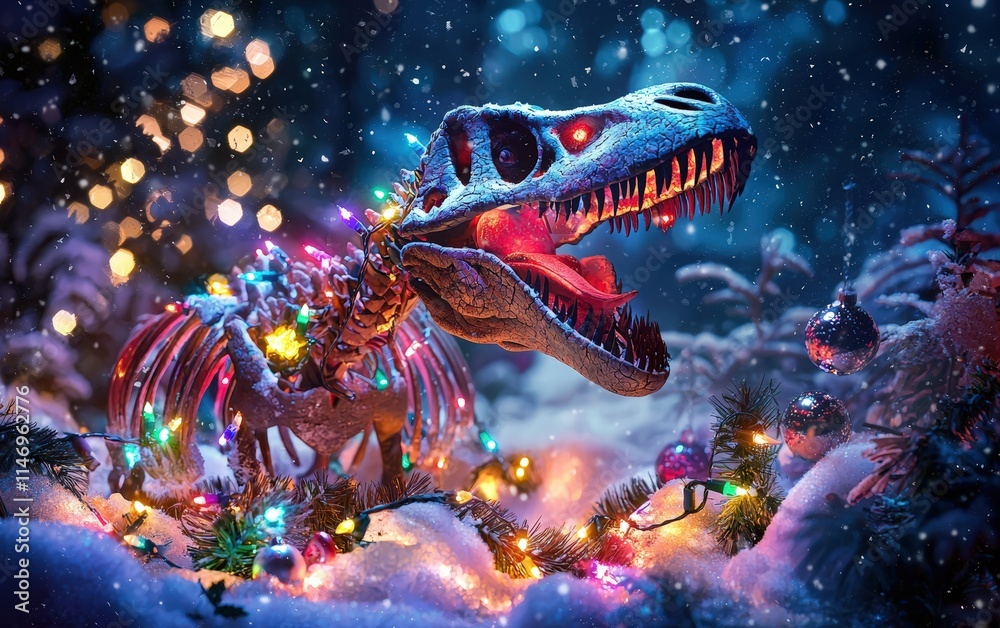 A dinosaur fossil wrapped in colorful Christmas lights and ornaments, standing in a snowy festive atmosphere A dinosaur fossil wrapped in colorful Christmas lights and ornaments, standing in a snowy festive atmosphere