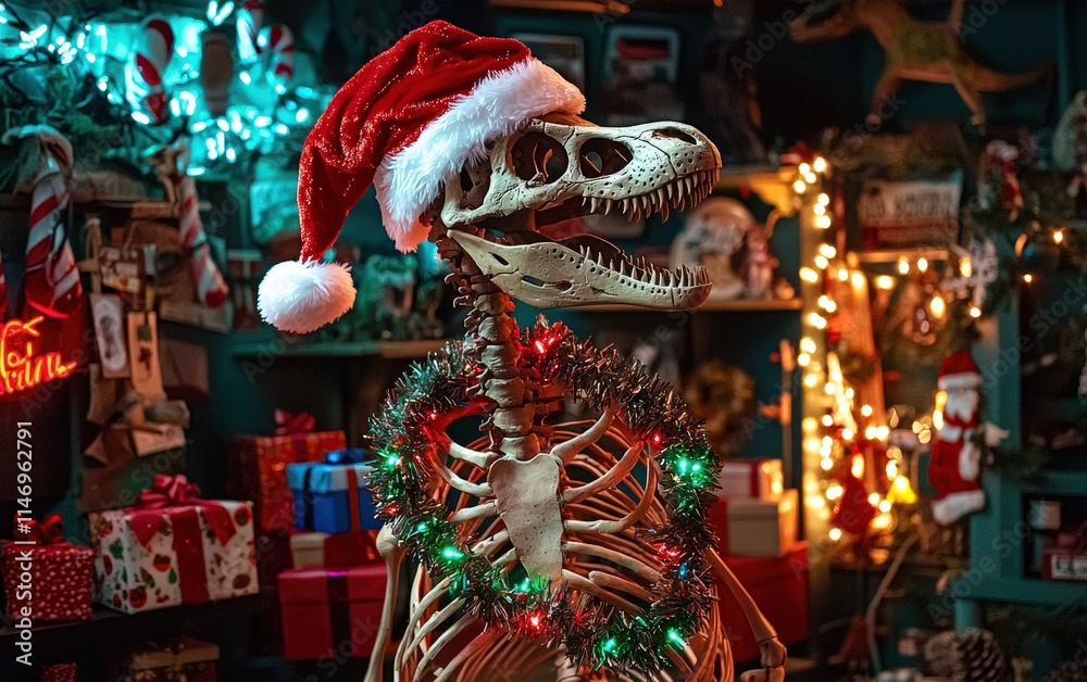 A dinosaur skeleton wearing a Santa hat and decorated with tinsel, surrounded by gift boxes and holiday lights A dinosaur skeleton wearing a Santa hat and decorated with tinsel, surrounded by gift boxes and holiday lights