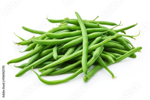 A pile of freshly picked green beans neatly arranged on a white background