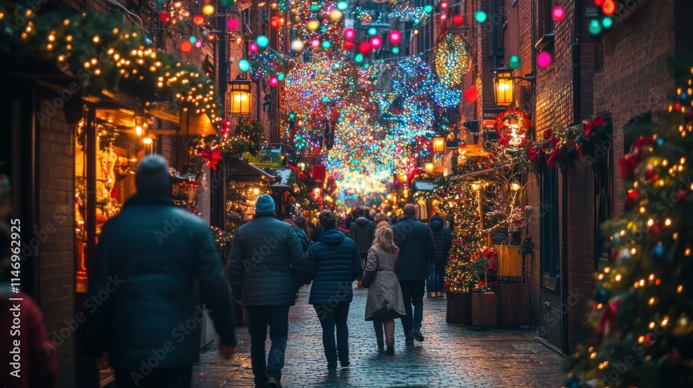 Festive Christmas market street scene at night, with people walking among colorful lights and decorations. Festive Christmas market street scene at night, with people walking among colorful lights and decorations.