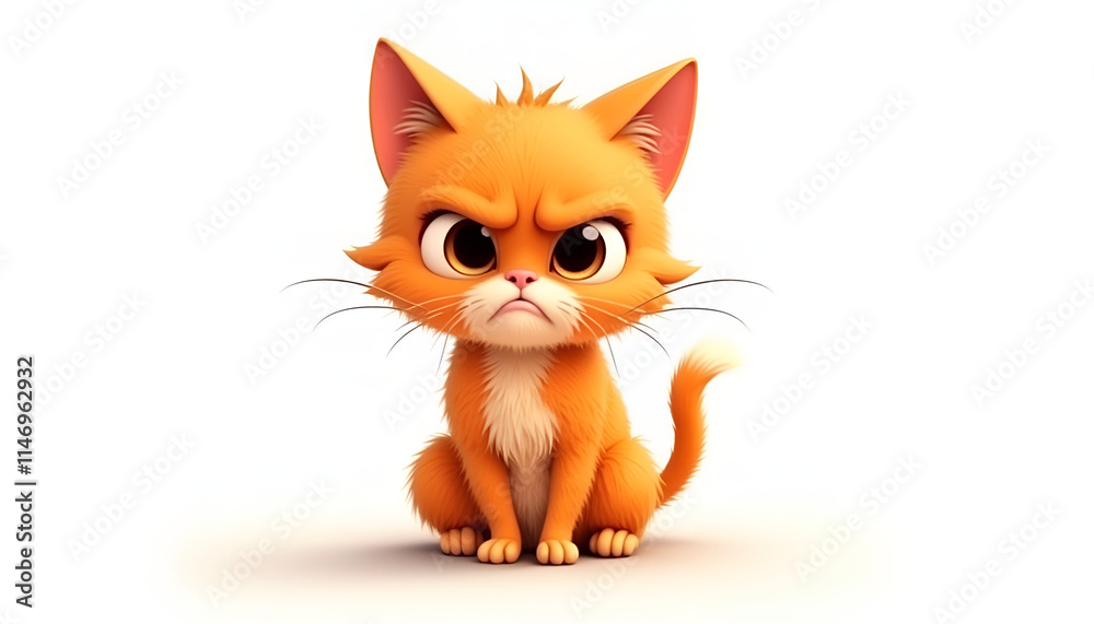 Fototapeta premium Cute orange cartoon cat with an angry expression sitting on a white background