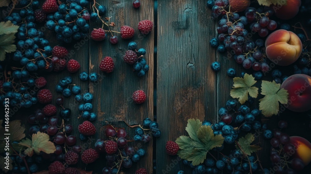 Fototapeta premium Fresh raspberries, blueberries, grapes, and peaches on rustic wooden background.