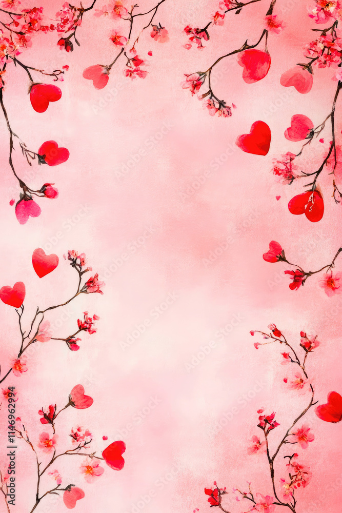 Garland of hearts. Symbol of love and Valentine's Day, Watercolor illustration, garland of hearts and flowers, on pink background with copy space Garland of hearts. Symbol of love and Valentine's Day, Watercolor illustration, garland of hearts and flowers, on pink background with copy space
