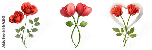 Three pairs of roses in varying arrangements, showcasing vibrant red petals and green leaves, embodying themes of love and beauty.