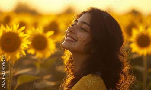 Young woman overjoyed in a sunflower field, her expression radiating freedom and joy, sunflowers stretching infinitely behind her, golden sunlight, .