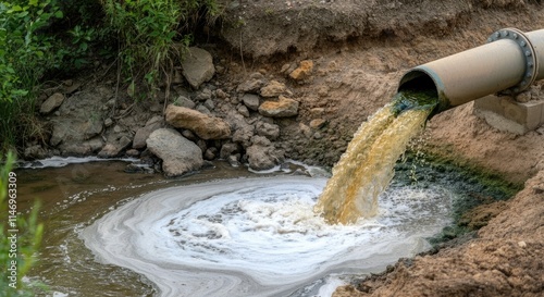 Polluted water flowing from pipe into natural body photo