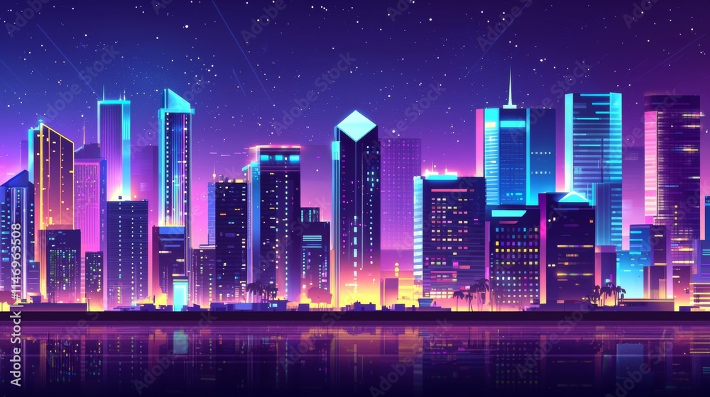 Colorful city skyline illuminated at night with modern buildings and starry sky Colorful city skyline illuminated at night with modern buildings and starry sky