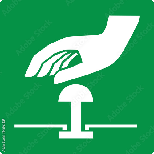 Green sign emergency stop button. Location the button intended for immediate stop equipment, mechanisms or processes in an emergency situation. Prevention threat to health and life people. Iso 7010.
