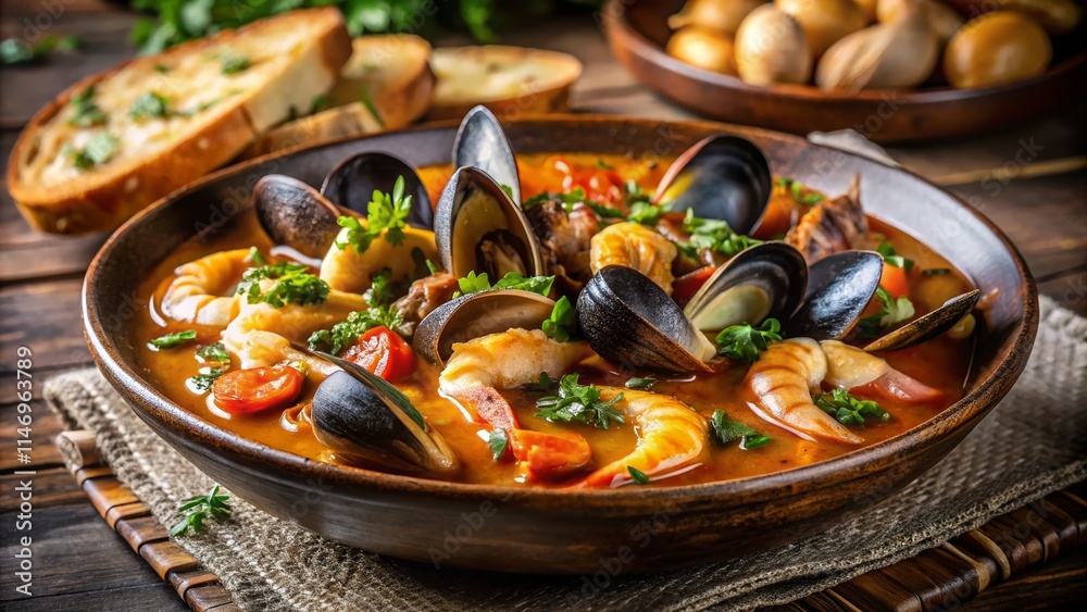 Rich bouillabaisse with seafood and fresh herbs served in a rustic bowl Rich bouillabaisse with seafood and fresh herbs served in a rustic bowl