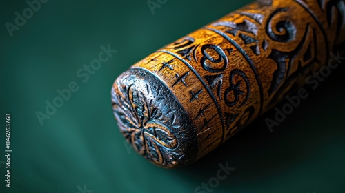 Intricately carved hawaiian totem on vibrant green background photo