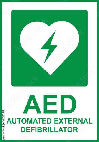 Green sign automatic external defibrillator. Location the AED automatic external defibrillator for emergency assistance in cases heart attack or sudden cardiac arrest. Providing first aid. Iso 7010.