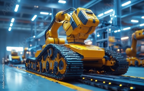 A robot with caterpillar tracks transporting heavy loads across a high-tech factory floor