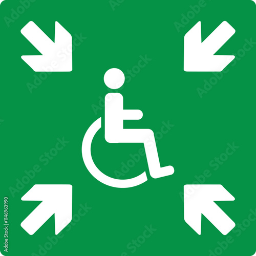 Green sign assembly point for people with disabilities. Designates a safe place where people with limited mobility can gather in an emergency while waiting for help to evacuate. Safety first.