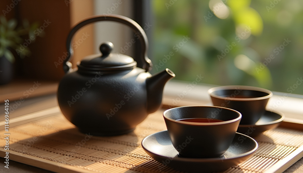 Fototapeta premium Elegant teapot and cups set on a bamboo mat with warm sunlight filtering through a window