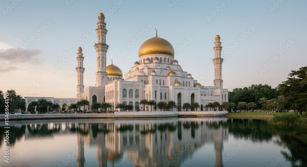 Obraz premium Beautiful golden-domed mosque reflected in serene water at sunset