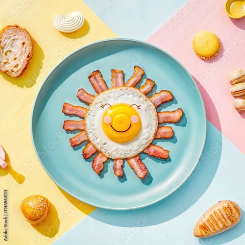Creative breakfast design with a smiling fried egg sun and bacon rays on a colorful background  
