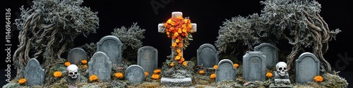 Spooky Halloween Cemetery Scene with Tombstones, Orange Pumpkins, Cross, and Haunted Trees at Night Perfect for Halloween Decoration and Gothic Art Lovers photo