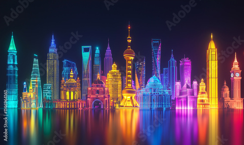 Celebrating lgbtq pride month vibrant city skyline illuminated in colors of equality global urban environment nighttime viewpoint