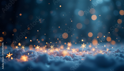 Magical bokeh lights sparkling on a snowy ground in a tranquil winter wonderland