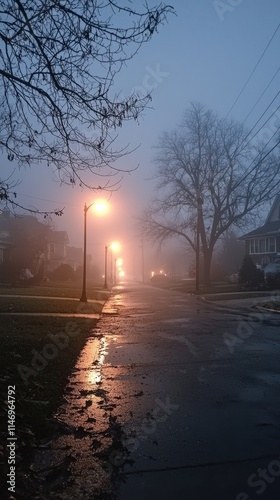 Quiet suburban street captured on a foggy evening, with lampposts casting a warm glow on the wet pavement, surrounded by bare trees and homes. AI generated. photo