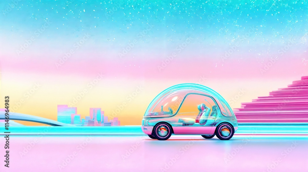 Futuristic autonomous car on vibrant neon highway with cityscape background at dusk