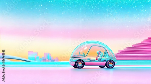 Obraz na płótnie Futuristic autonomous car on vibrant neon highway with cityscape background at dusk
w salonie