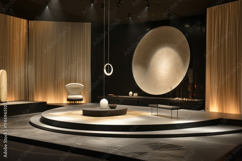 Obraz premium A beautifully designed modern minimalist interior featuring elegant lighting, sculptural elements, and a sophisticated ambiance.