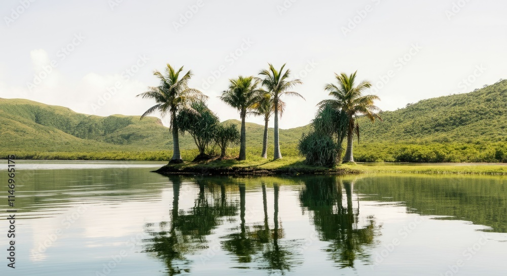 Small island with palm trees reflected in calm, clear lake surrounded by lush greenery and hills Small island with palm trees reflected in calm, clear lake surrounded by lush greenery and hills